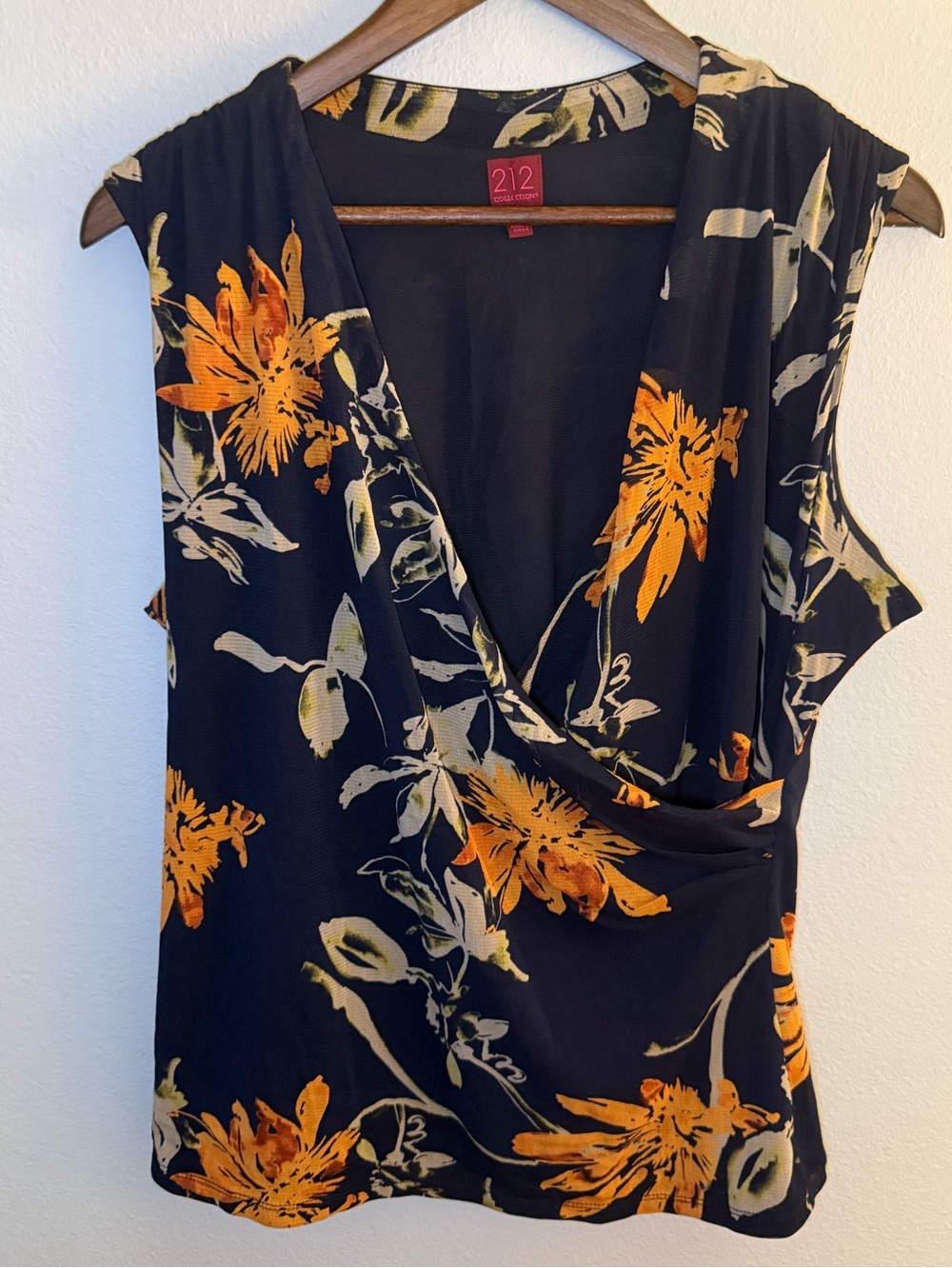 212 Collection Black Sleeveless Draped Camisole with Orange Floral Print